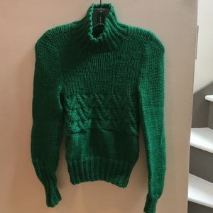 Emerald green hand knitted wool turtleneck sweater